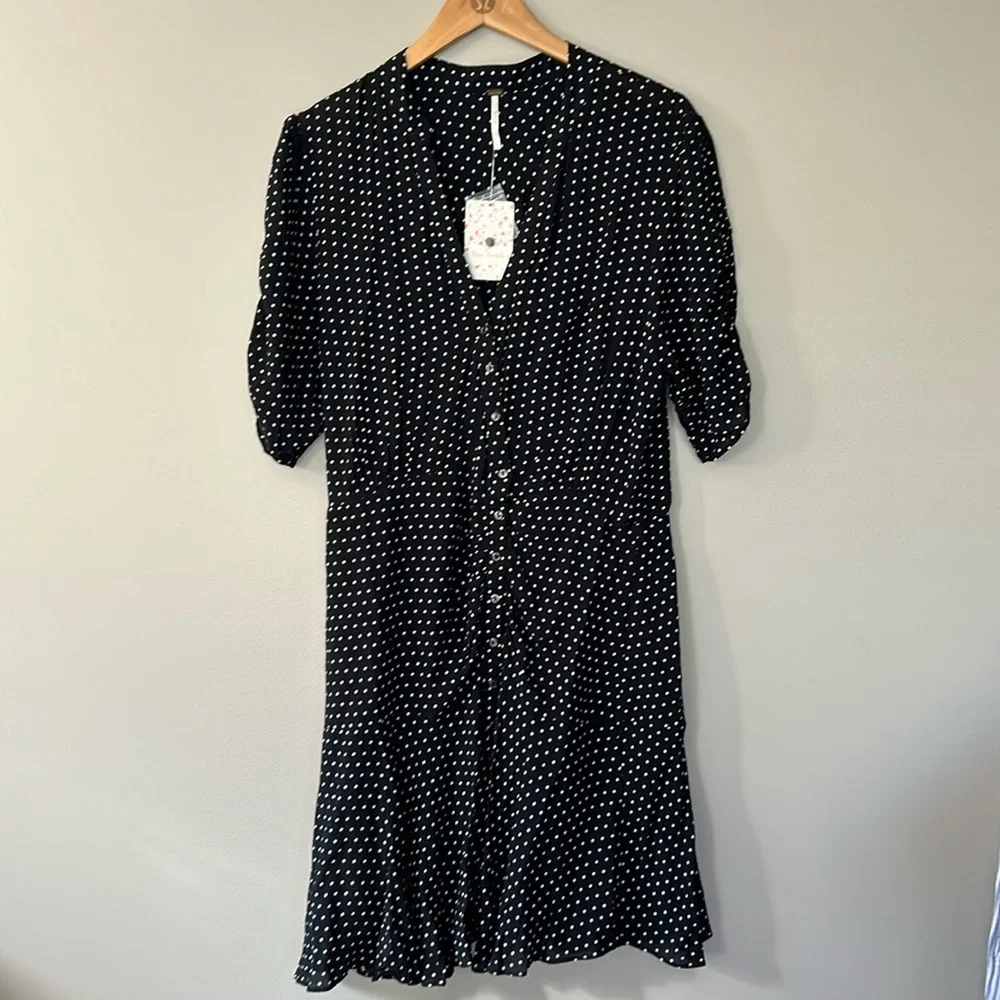 Free People Pippa‎ Polka Dot Dress Print Mini Dress Sz L Black White